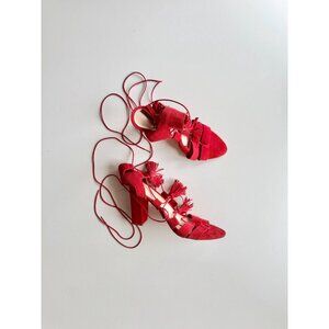LOEFFLER RANDALL Luz Red Suede Leather Lace-Up Tassel Tie Block Heels, Size 10